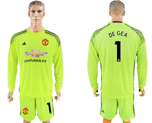 Manchester United #1 De Gea Shiny Green Goalkeeper Long Sleeves Soccer Club Jersey